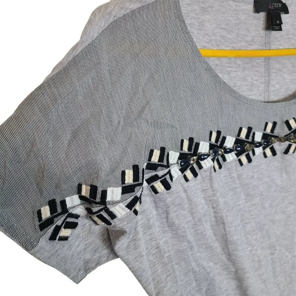 J. Crew Womens Embroidered Beaded T-Shirt Size S Colorblock Preppy Casual Gray